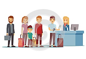 People queue in airport at registration desk. Vacation and travel vector concept