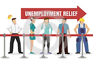 People queuing up for unemployment relief. Financial welfare assistance concept