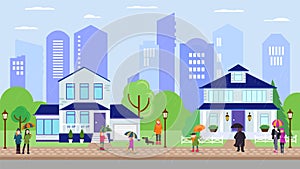 People in rain with umbrellas on street near home houses vector illustration banner.