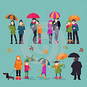 People in rain vector man woman characters holding umbrella walking with kids dog in autumn rainy weather with leaves