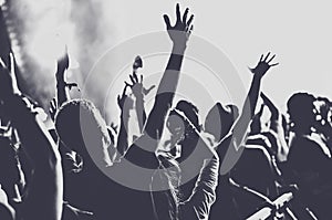 People with raised arms partying at concert