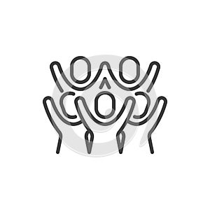 People with raised hands line icon