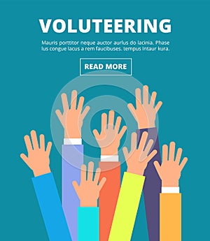 People raised hands, voting arms. Volunteering, charity, donation and solidarity vector concept