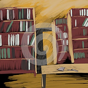 Library, shelves with books, books on the table