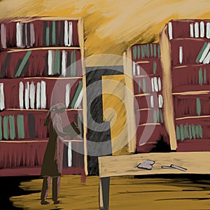 Woman read books in the library, shelves with books