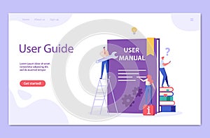 People read user manual book. Managers reading and writing guide instruction. Concept of customer guide, useful information,