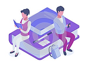 People reading books. Isometric students education, man and woman reading on huge books pile. Book library concept 3d vector