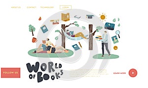 People Reading Books Outdoor Landing Page Template. Happy Characters Open Air Sparetime with Interesting Books