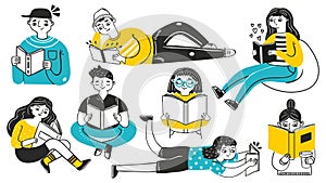 People reading books. Young women and men in cozy poses enjoying hobby. Hand drawn students learning. Cartoon sketch photo