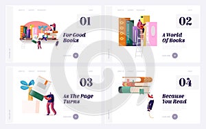 People Reading Hobby, Gaining Knowledge Landing Page Template Set. Tiny Characters on Huge Book Shelf, Students