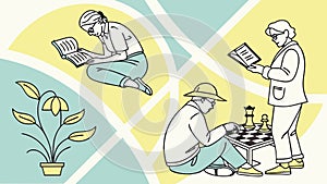 People Reading & Learning: Knowledge Acquisition Scene, vector design Generative AI