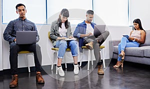 People, reading and queue in waiting room for job interview, recruitment or online cv application. Group, lobby or