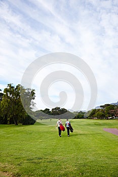 People, ready and golf course for professional sport and walking on grass for training with mockup on field. Athlete