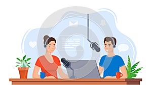 People recording podcast in studio. Radio host interviewing guest on radio station. Man and woman in headphones talking.