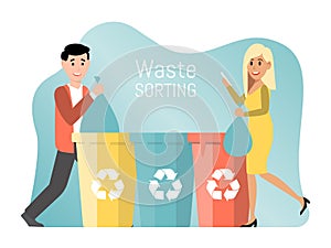 People recycle plastic paper and glass, city concept flat vector illustration on white background. Character waste