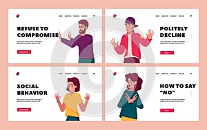 People Refuse Landing Page Template Set. Characters Show Refusal Gestures with Open Hand Palm Expressing Negative