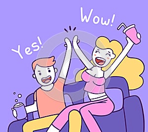 People rejoice at the event together concept. Vector illustration of happy woman and man sitting on sofa high five.