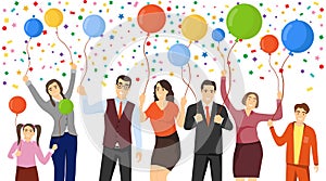 People rejoice and hold balloons. Group of people mini characters having fun. Happy Birthday Banner. Congratulatory poster. Vector