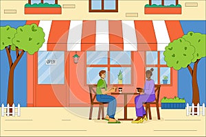 People relax and drink coffee outdoors. The building of the summer cafe with outdoor tables and chairs. Vector concept