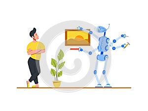 People relax, robots work. Color vector illustration