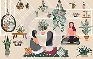 People relax yoga and meditation in greenhouse hygge home, women siiting room with green plants relaxing flat vector