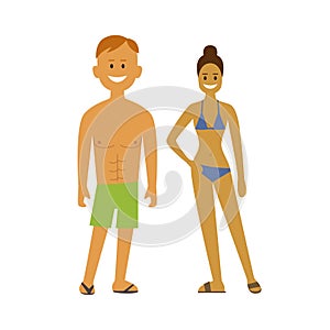 People relaxing at the beach. Characters in a flat style. A couple in swimsuits.