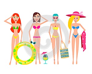 People Relaxing On The Beach. Vector Women Characters.