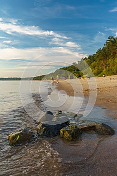 People relaxing on beautiful beach on sunny day