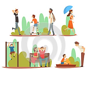 People Relaxing and Doing Sports in Park, Men, Women and Children Spending Time and Enjoying Nature Outdoors Vector