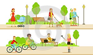 People Relaxing and Doing Sports in the Public Park, Men and Women Walking, Riding Bicycle, Using Laptop Computer