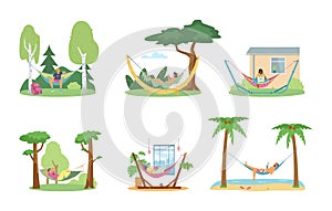 People relaxing in hammock in forest, beach, garden or at home, flat vector illustration isolated on white background.