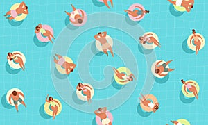 People Relaxing in the Sea, Ocean or Swimming Pool at Vacation Set, Summer Outdoor Activities Vector Illustration. Summer pool par