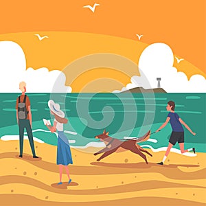 People Relaxing on Seaside at Summer Time on Sunrise, Tropical Resort Landscape with Ocean or Sea, Guy Running with His