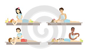 People Relaxing at Spa Salon Set, Man and Woman Taking Body Massage Treatment Vector Illustration
