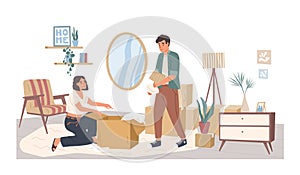 People relocating to new apartment flat vector illustration. Man and woman cartoon characters packing belongings. Young photo