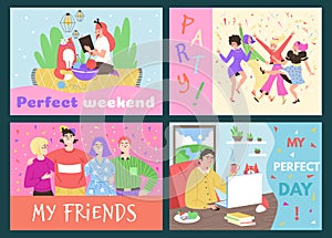 People rest alone and with friends flat vector illustration isolated.