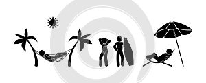 People rest, beach vacation icon, stick man symbol, stickman pictogram
