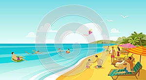 People rest on sea beach. Vacation, travel banner. Cartoon vector illustration