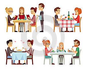 People in restaurant eating dinner vector flat concepts