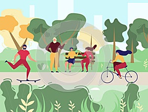 People Resting in City Park Vector Illustration