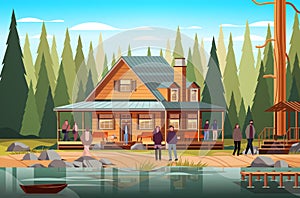 people resting near lake wooden holiday house in forest cottage among trees suburban real estate summer adventure trip