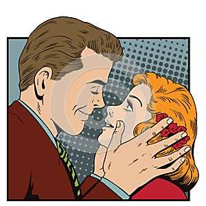 People in retro style. Guy wants to kiss a girl.