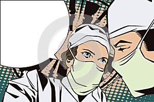 People in retro style pop art and vintage advertising. The doctors in the operating room.