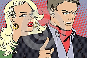 People in retro style pop art and vintage advertising. Man with a girl wants to attract attention