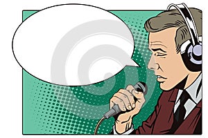 People in retro style pop art and vintage advertising. A man with a microphone