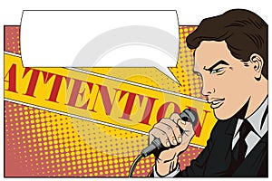 People in retro style pop art and vintage advertising. A man with a microphone