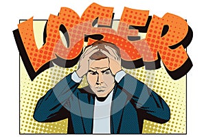 People in retro style pop art and vintage advertising. Upset man clutching his head. Loser. photo