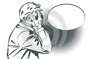 People in retro style pop art and vintage advertising. Upset man covers his face with his hands