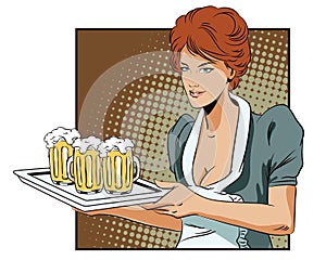 People in retro style. A waitress carrying a tray with a beer.