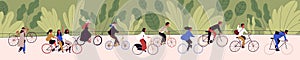 People ride bicycling at bicycle parade vector flat illustration. Active cartoon person cycling on bike path at green photo